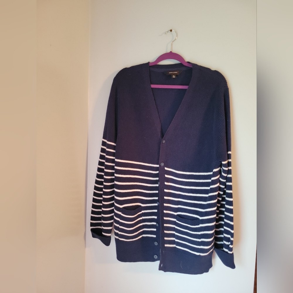 Adam Levine XL Navy And White Striped Cardigan Button Down Sweater